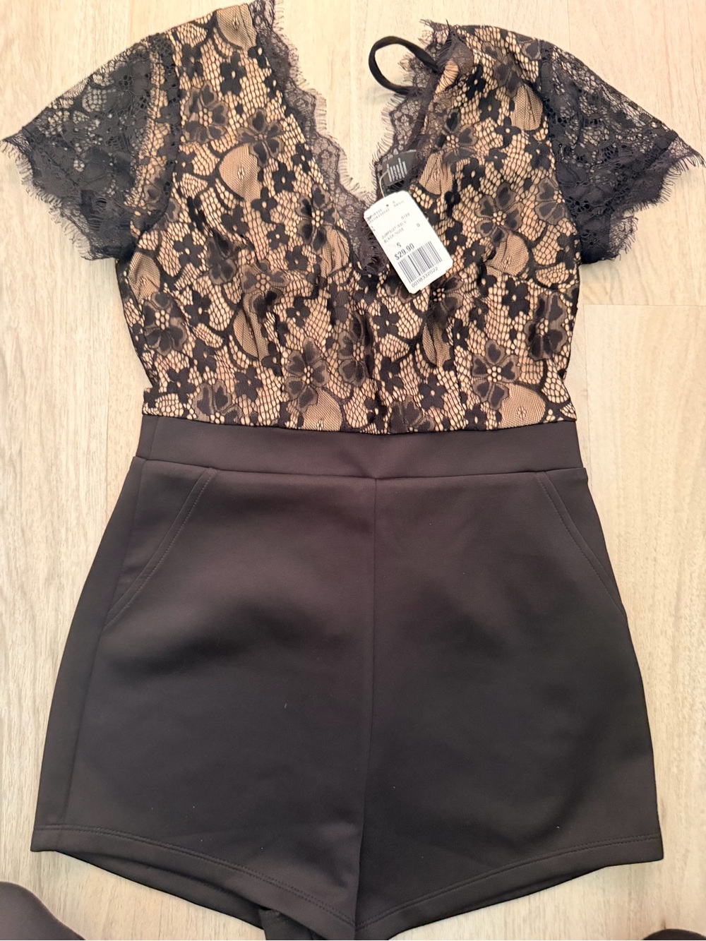 Forever 21 NWT Black Lace Top Shorts Romper with Nude Lining